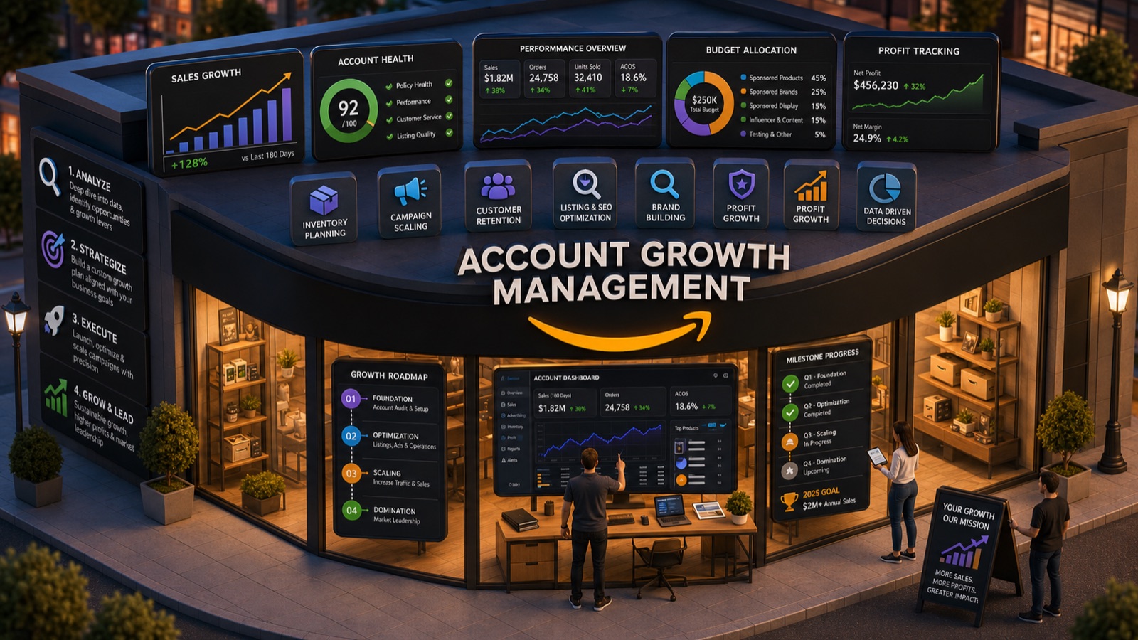 Account growth management — analyze, strategize, execute, and grow with a full account dashboard